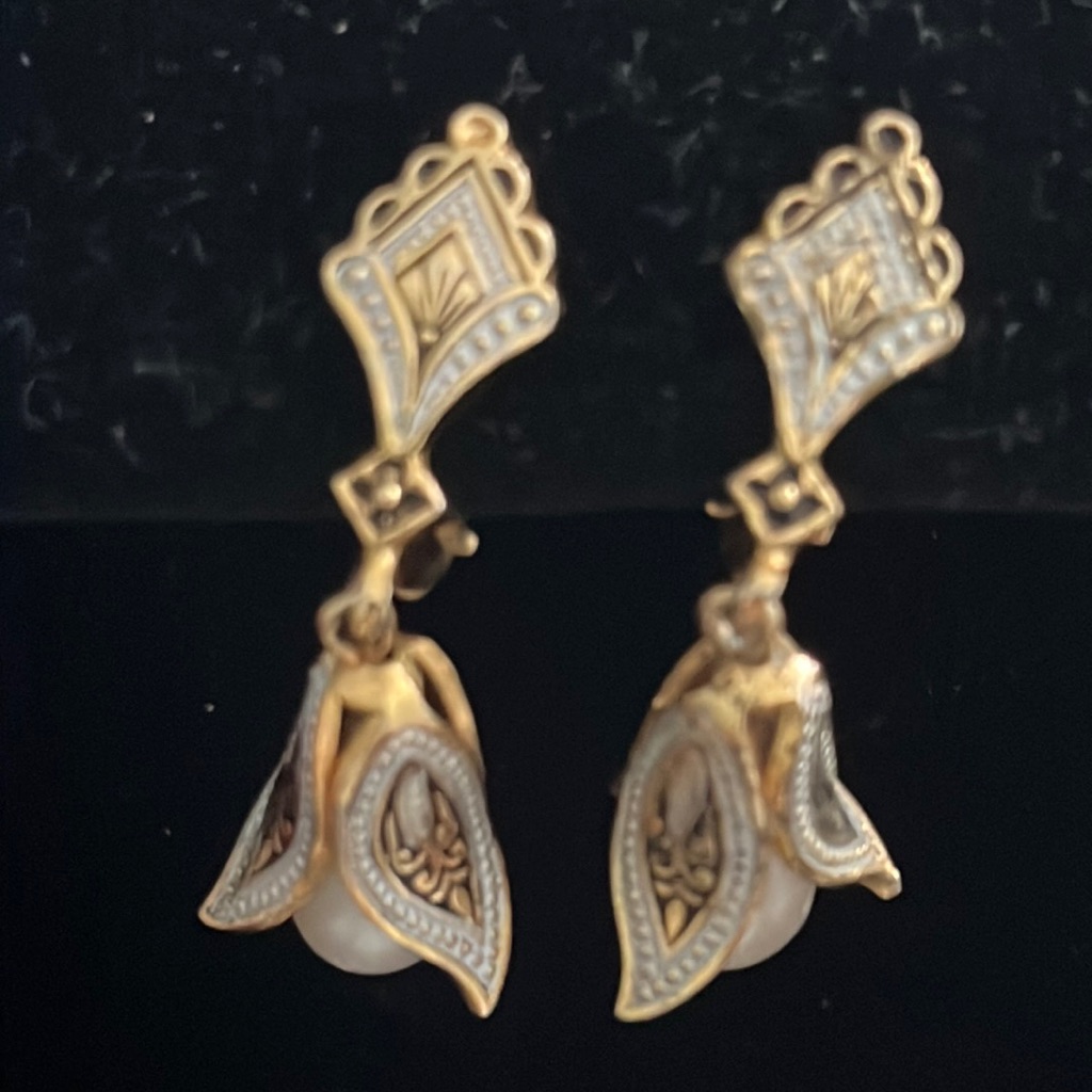 Damascene Earrings Marked Made In Spain With Pearl